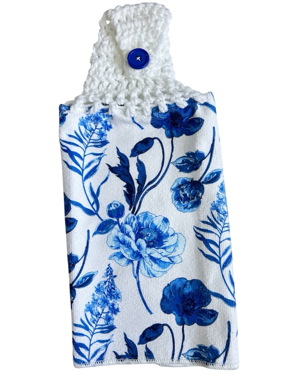 Hand Crafted Blue and White Floral Hanging Kitchen Hand Towel Crochet Top - Picture 7 of 7